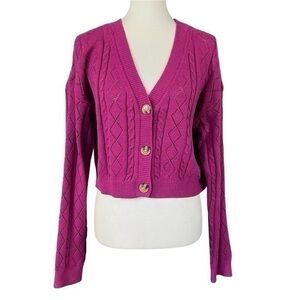Abound Pink Cable Knit Cropped Button Front Cardigan Sweatshirt NWT Women Size L